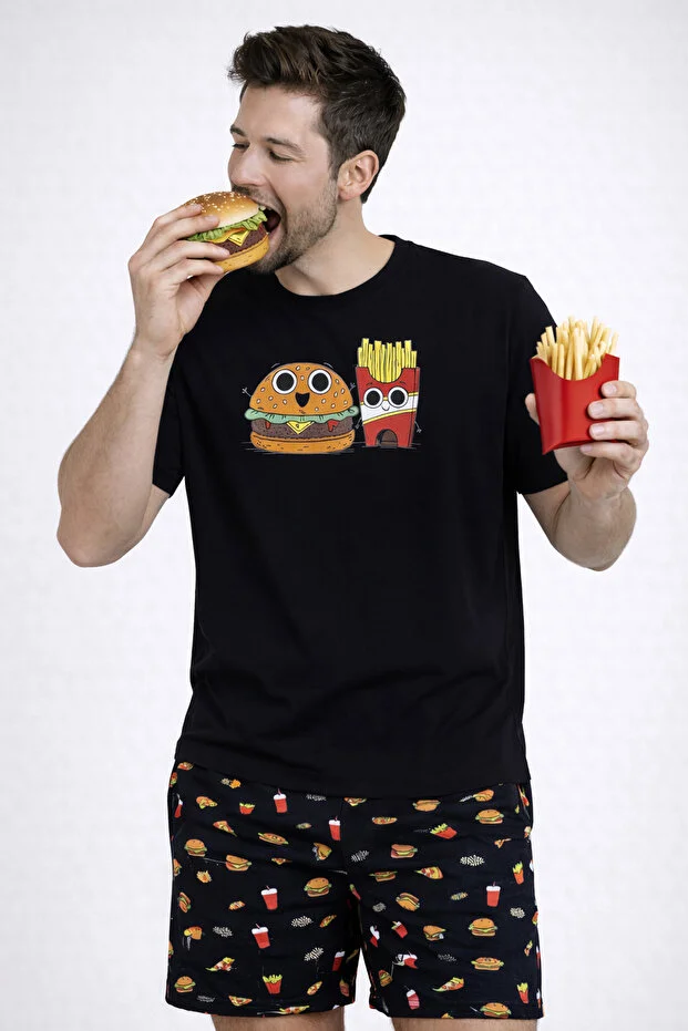 Erkek Pamuklu Baskılı Cepli Şortlu Pijama Takımı